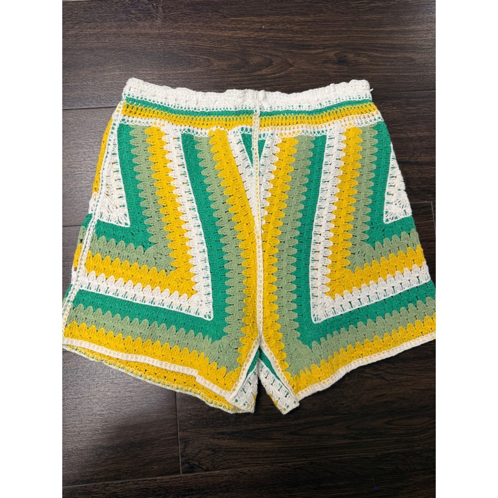 Boho Crochet High-Waisted Shorts -‎ Green & Yellow Stripe - Festival Read